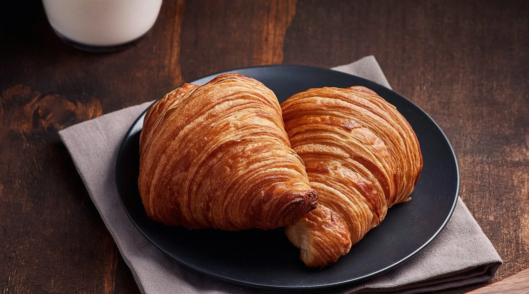 Croissants dorés sur assiette sombre et table en bois